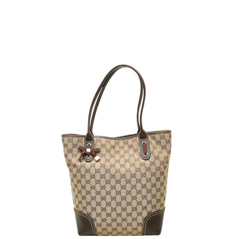 Gucci GG Canvas Sherry Line Princy Tote Bag 181779 Beige Brown Leather Women'...